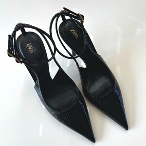 NEVER WORN Zara Black Ankle Strap Stiletto 4” heel, size 38 or US 8